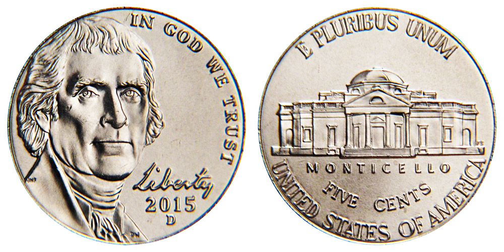 2015 Jefferson nickel obverse and reverse showing Thomas Jefferson portrait and Monticello