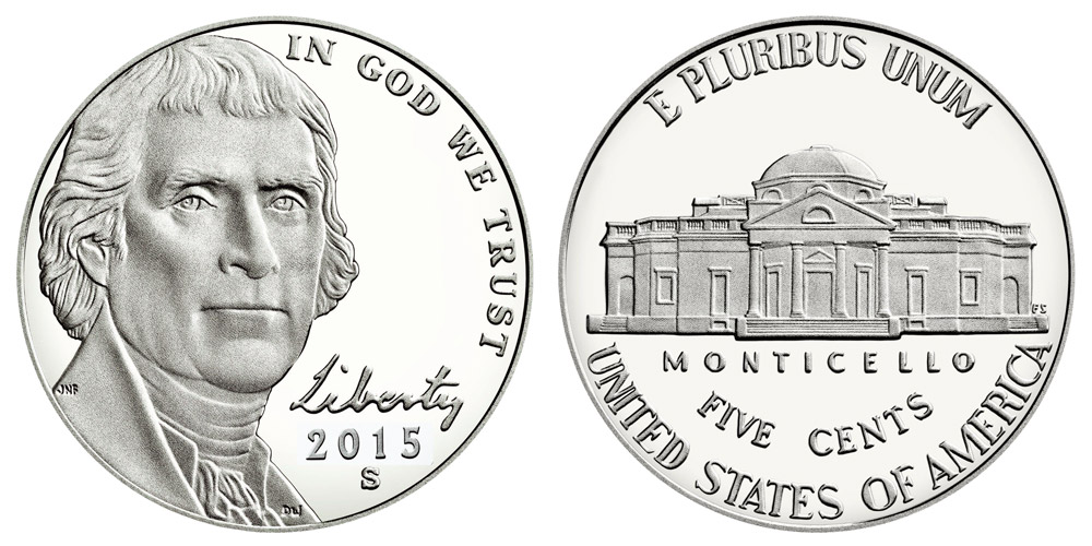 2015 Jefferson nickel Full Steps comparison: weak steps on left vs clear Full Steps on right at base of Monticello