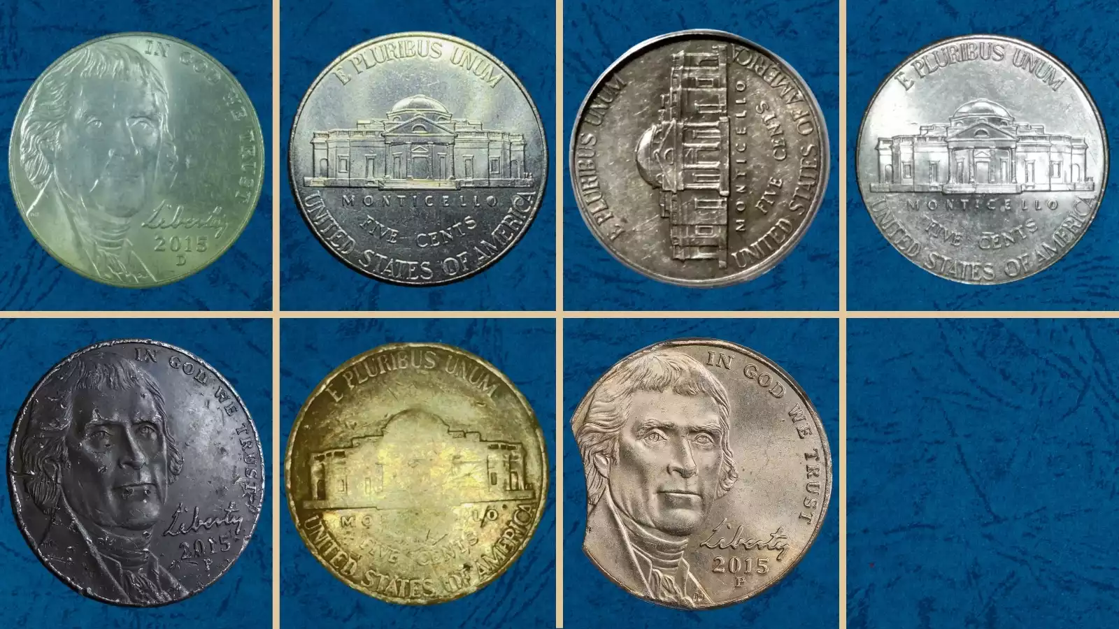 2015 Jefferson nickel group shot showing Philadelphia and Denver mint specimens from original rolls