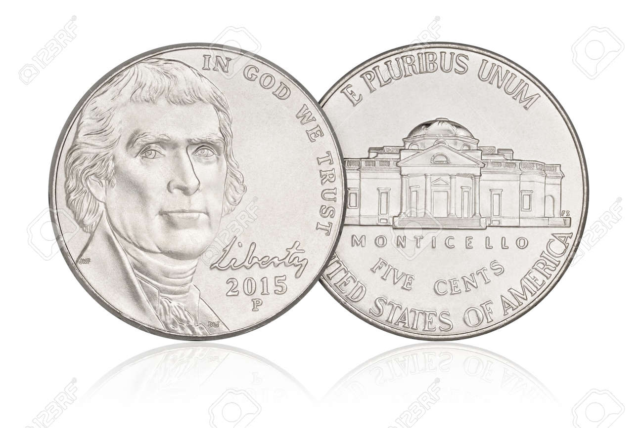 2015 Jefferson nickel grading strip showing four condition tiers from worn to gem uncirculated